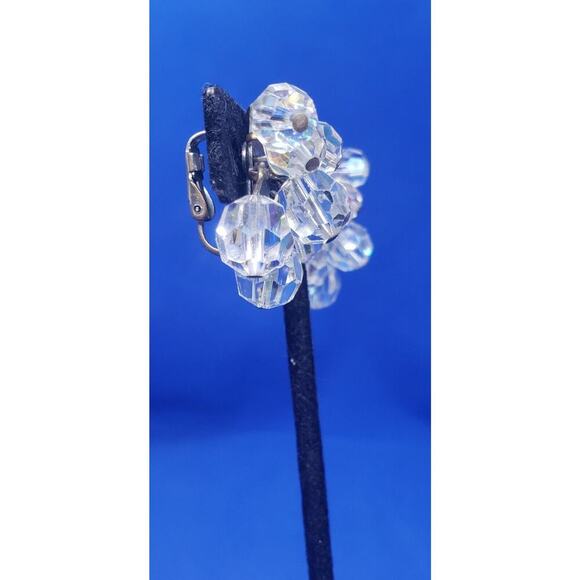 Vintage Earrings Clip Clear Faceted AB Crystal Dangle 1950 Fancy cha Cha Moves - Picture 4 of 10